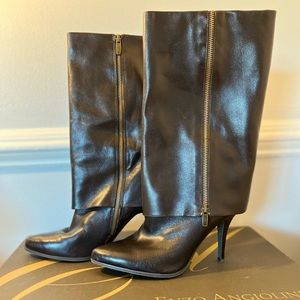 Enzo Angiolini Dark Brown Fold-over Leather Stiletto Boots